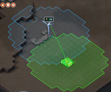 The radius of a Toxin Scrubber (green) overlapping the power radius of a Turbine (blue).